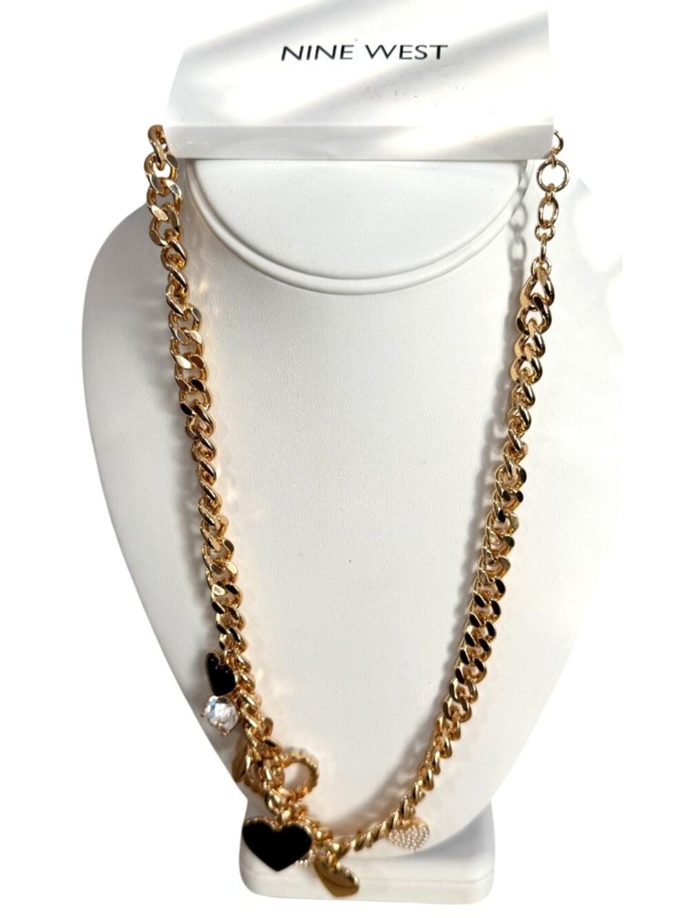 NEW Nine West Gold-Tone Heavy Chain Charm Necklace Heart Pearl Crystal Accents